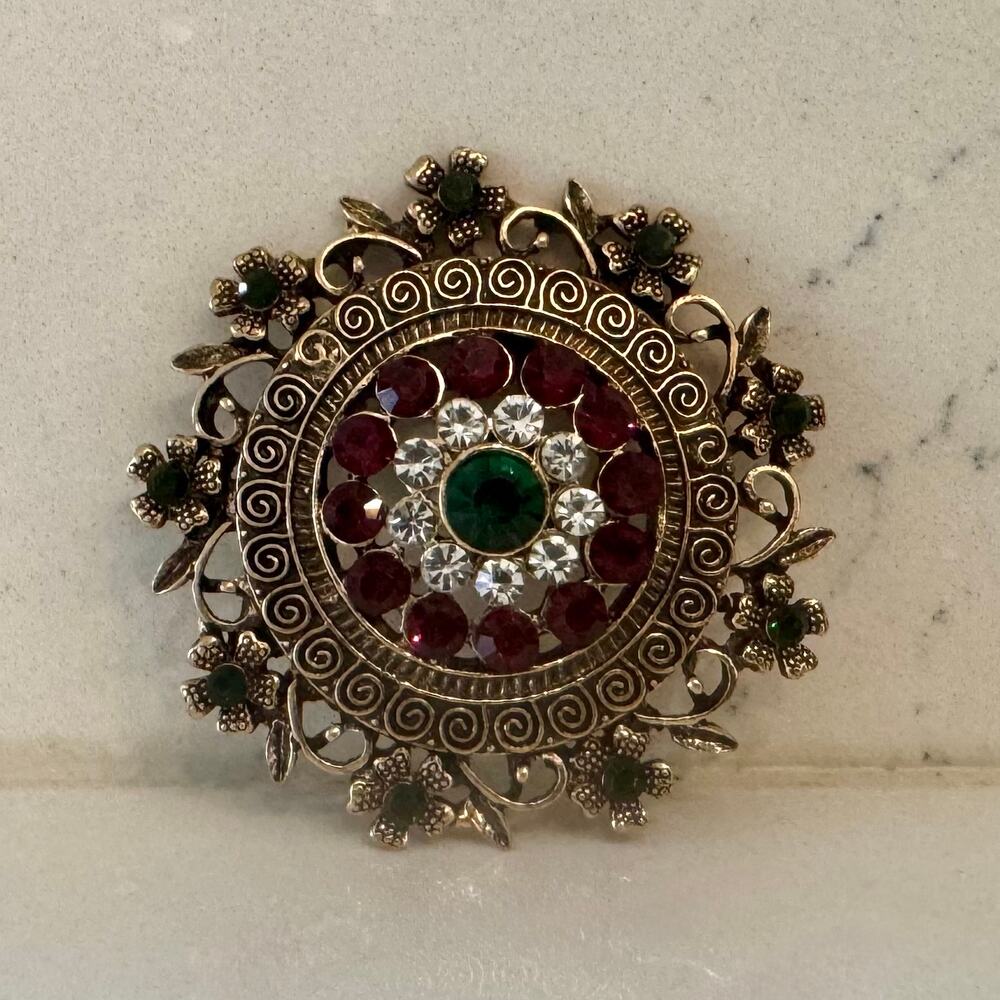 Gold Tone Filigree Brooch Red Green Clear Rhinestone Ornate Statement Pin